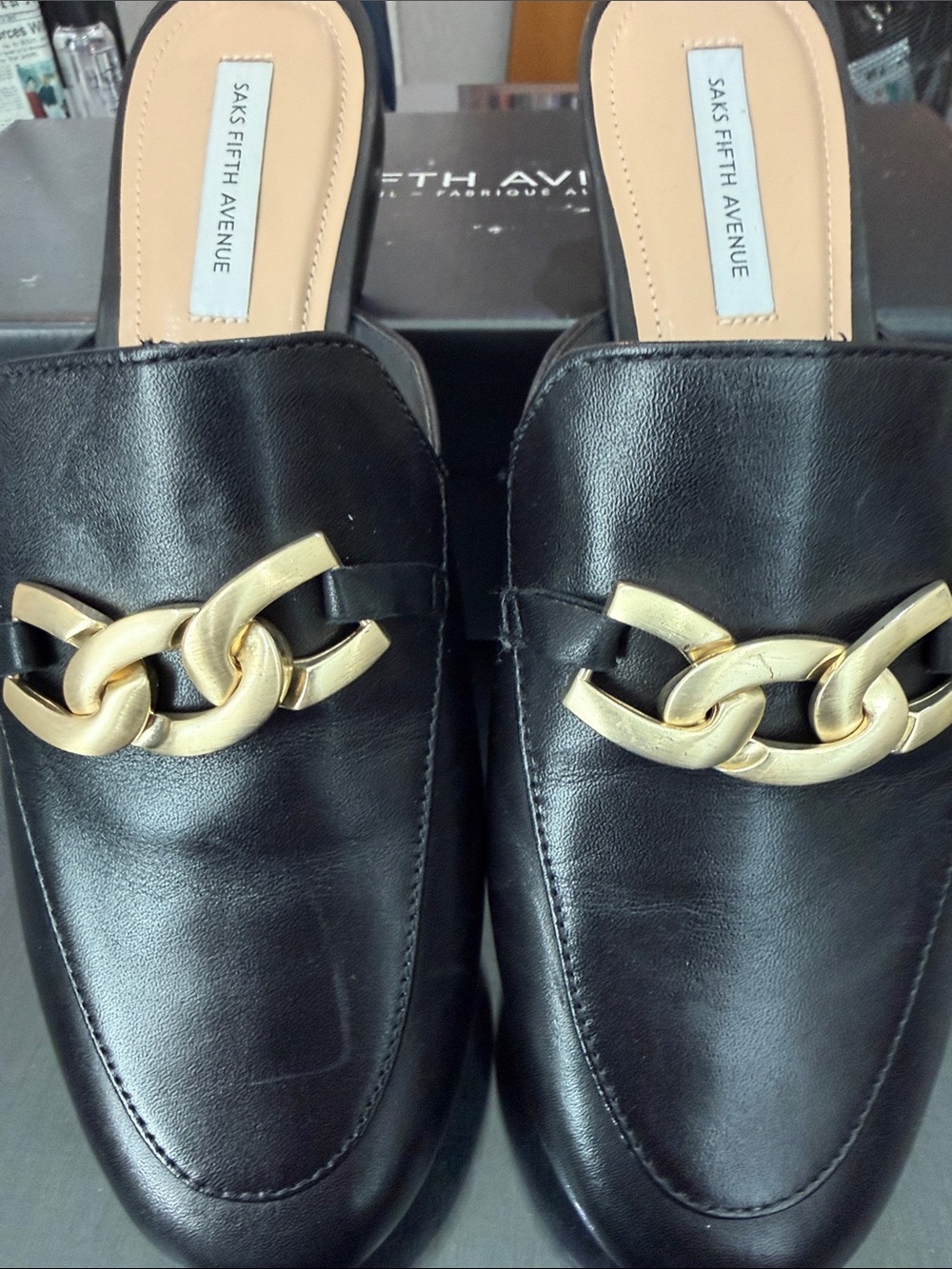 Saks Fifth Avenue Black Leather Mule with Gold Chain Accent